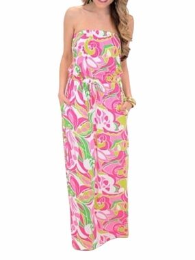 MACBETH COLLECTION BY MARGARET JOSEPHS Strapless Abstract Maxi Dress Pink Green